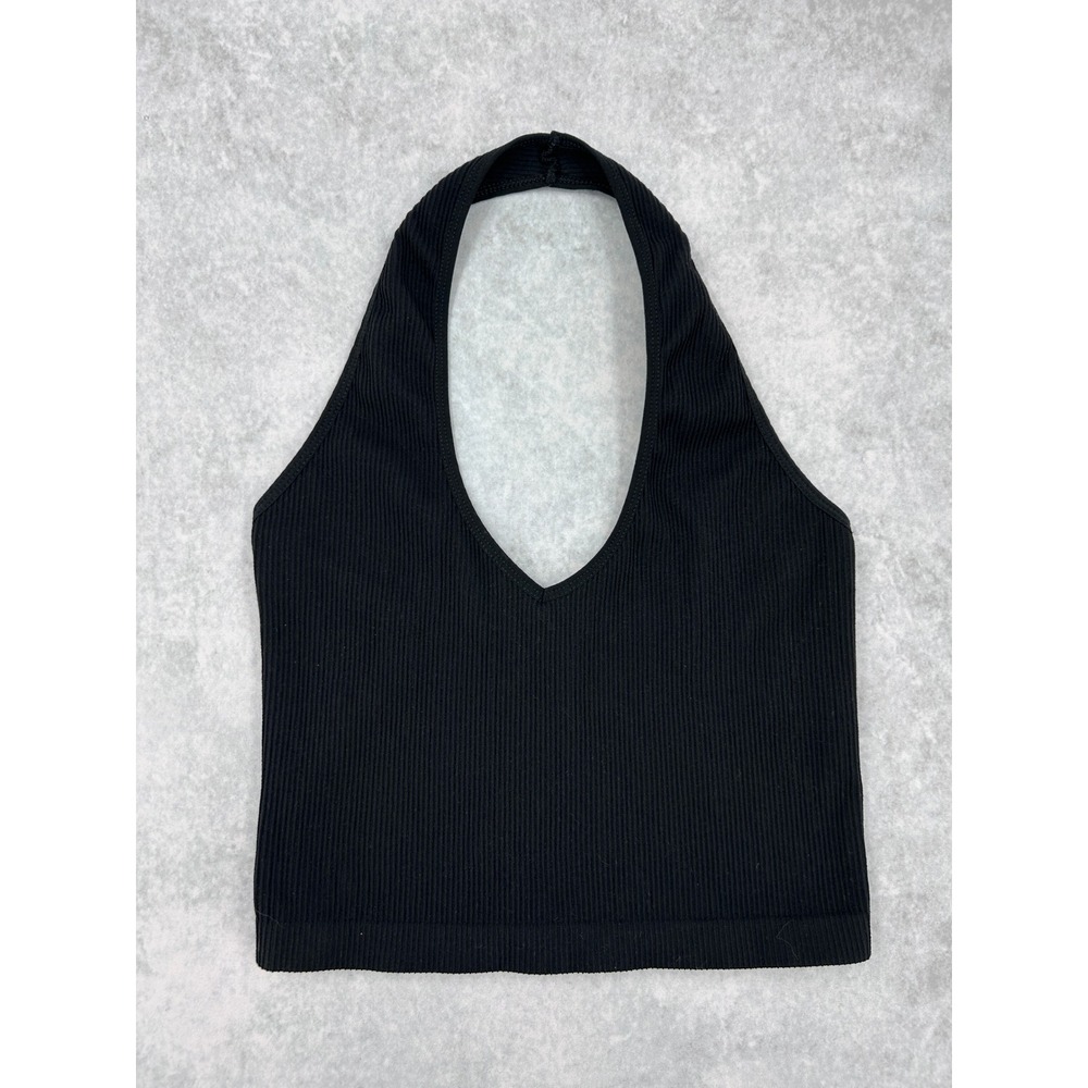 Sunday Best Aritzia Black Ribbed Halter Crop Top Large Deep V-Neck Open Back